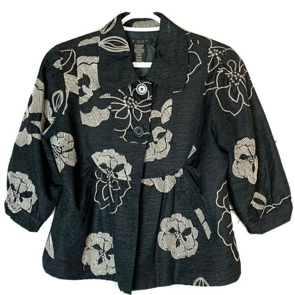 SilkLand Black with Gold Embroidered Blazer Petite Large 92% Silk - Picture 3 of 13